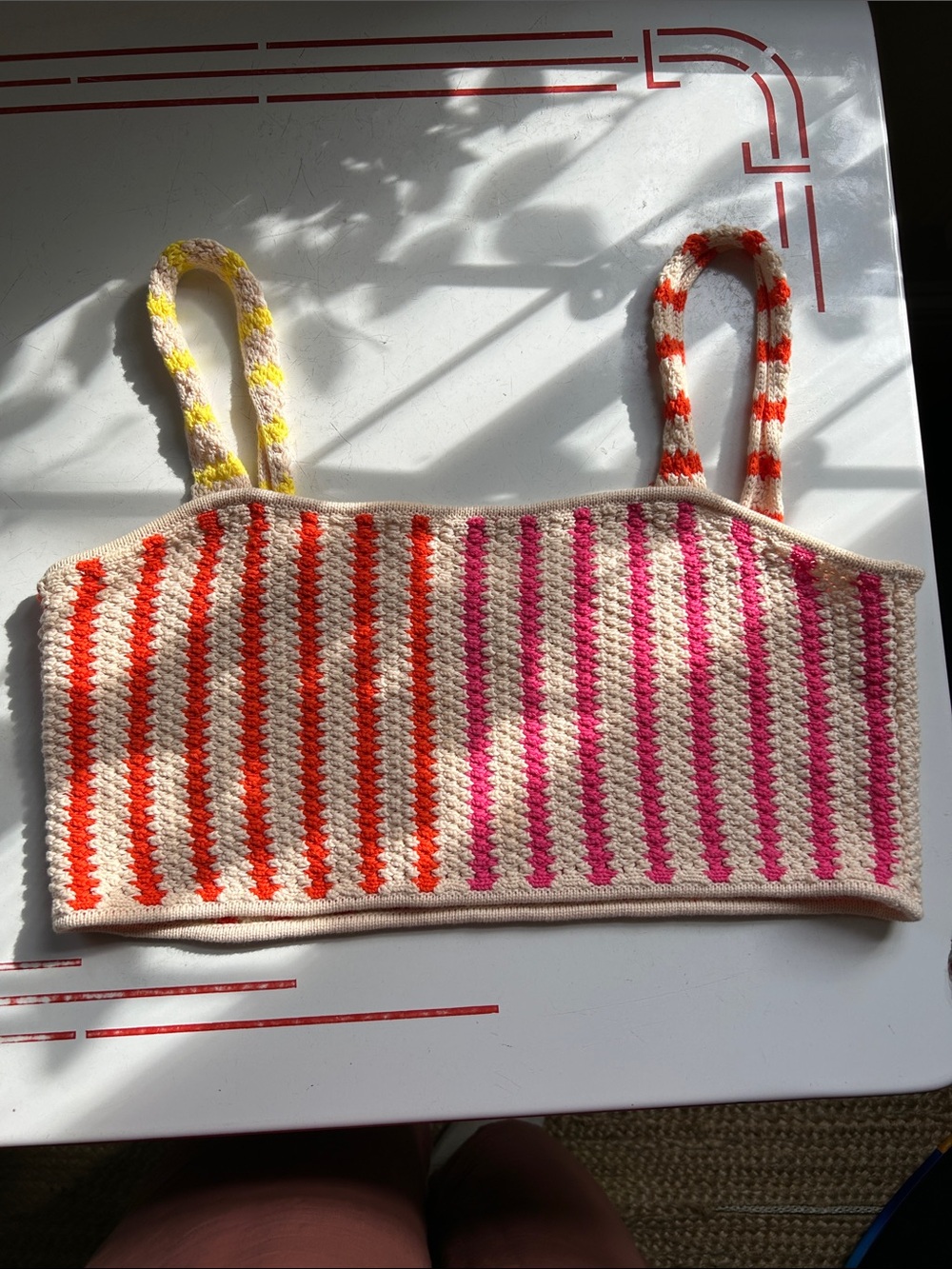 Future Collective Striped Crochet Crop Top in Cream with Pink Orange & Yellow